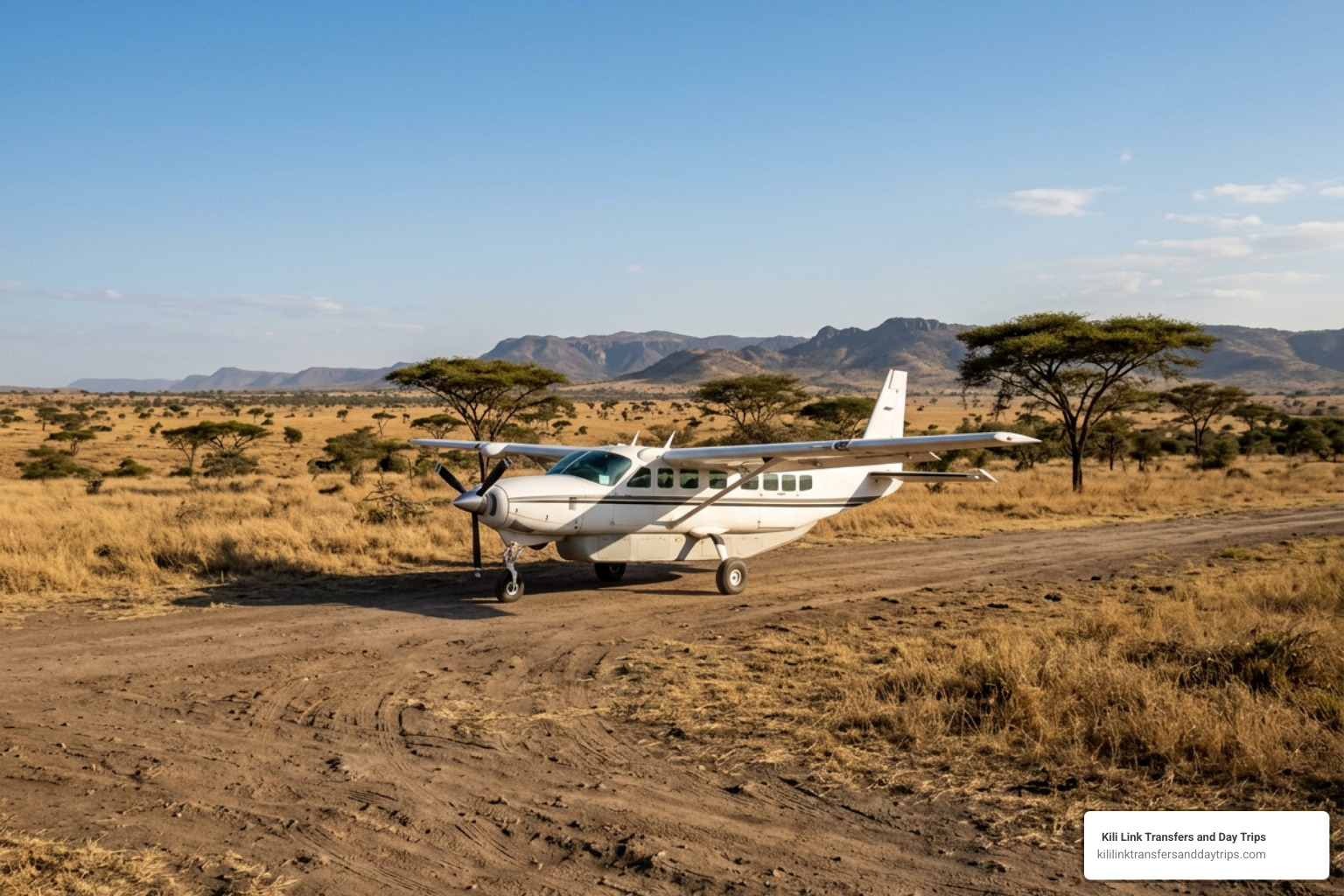 Light aircraft parked at a remote dirt airstrip in the Serengeti national park Light aircraft parked at a remote dirt airstrip in the Serengeti national park