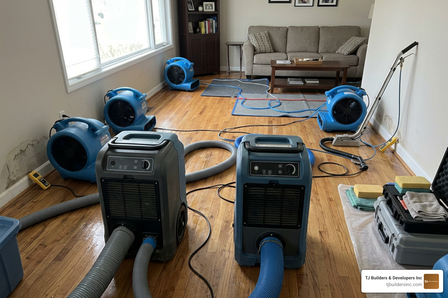 Professional water extraction equipment including commercial LGR dehumidifiers and axial air movers Professional water extraction equipment including commercial LGR dehumidifiers and axial air movers
