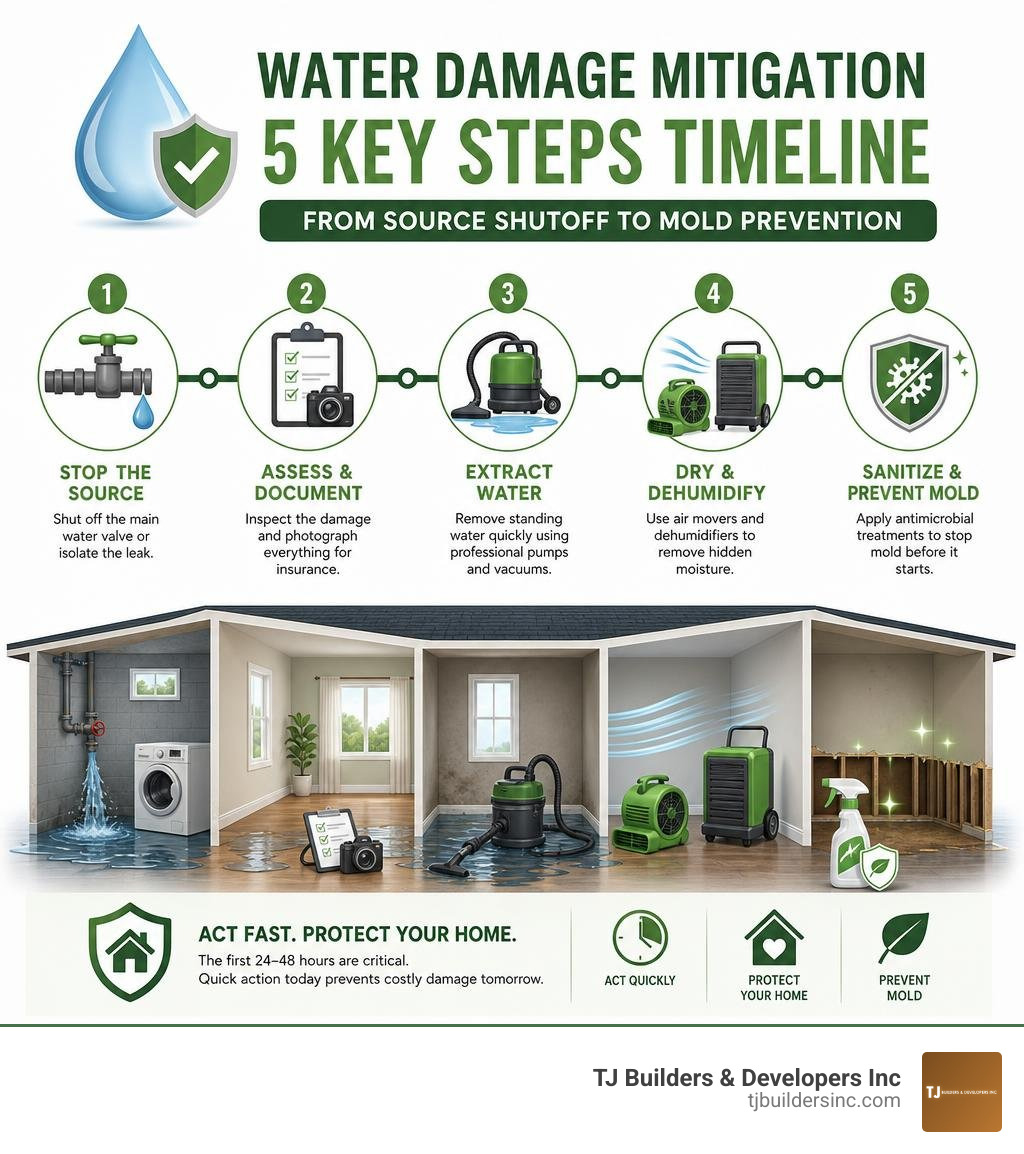 Water damage mitigation timeline infographic: 5 key steps from source shutoff to mold prevention infographic Water damage mitigation timeline infographic: 5 key steps from source shutoff to mold prevention infographic