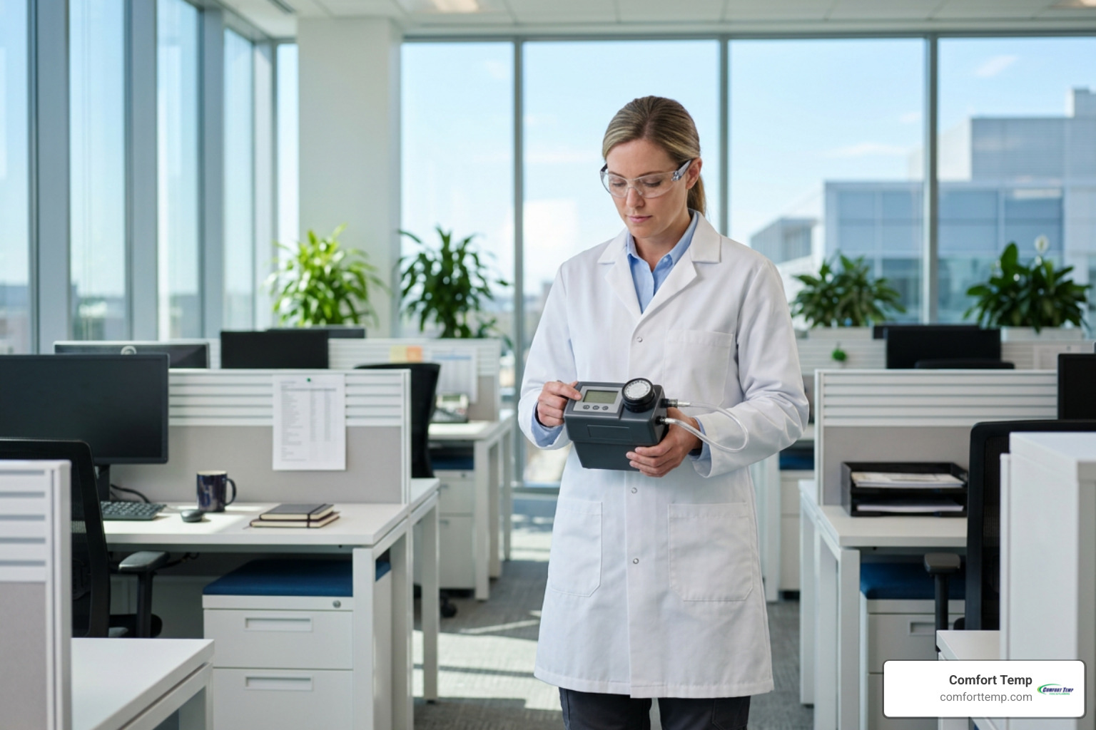 Environmental technician collecting air samples with air monitoring pumps in a commercial facility Environmental technician collecting air samples with air monitoring pumps in a commercial facility