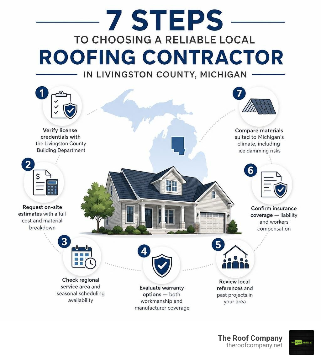 7 steps to choosing a reliable local roofing contractor in Livingston County Michigan infographic 7 steps to choosing a reliable local roofing contractor in Livingston County Michigan infographic