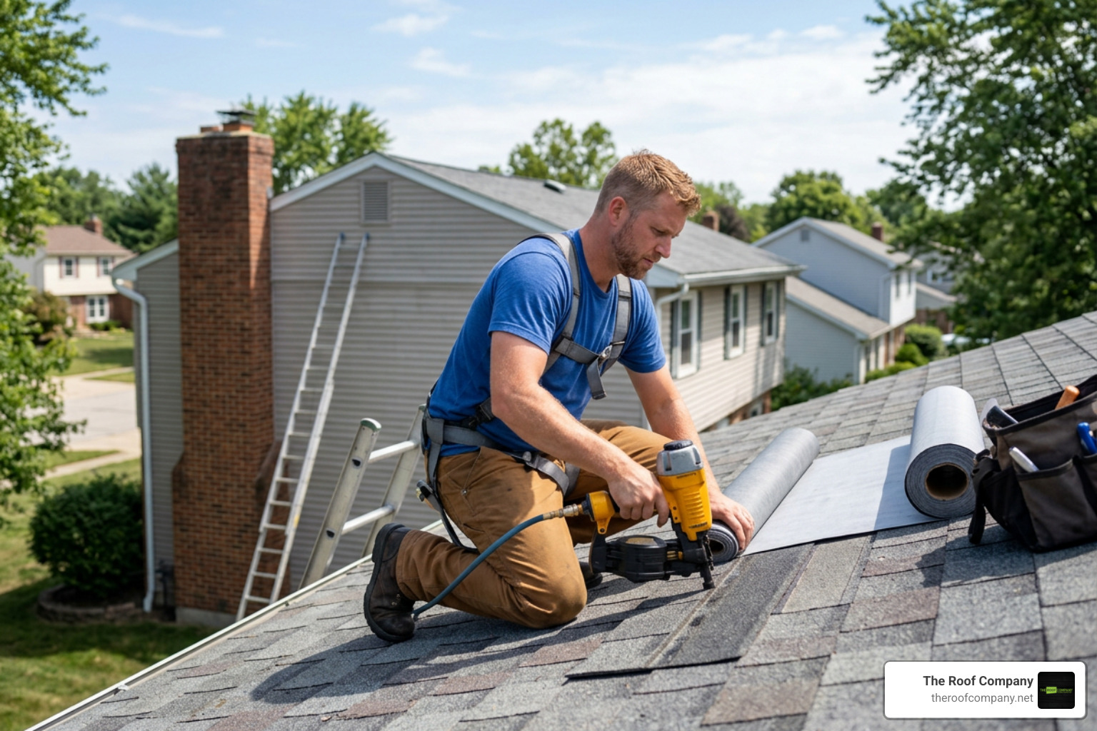 professional roofer on a residential shingle roof professional roofer on a residential shingle roof