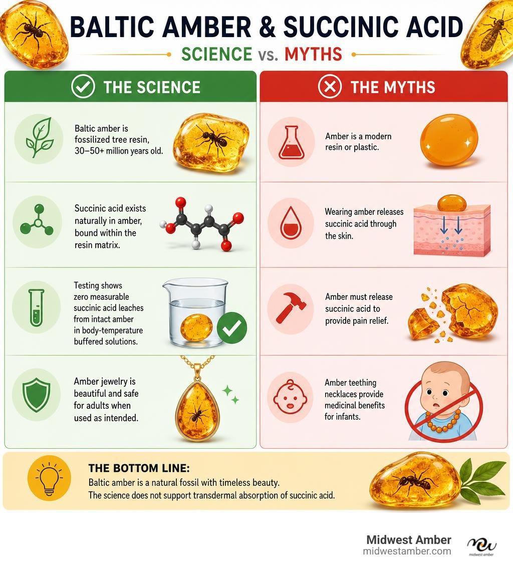 Infographic summarizing key scientific facts versus myths regarding Baltic amber and succinic acid infographic
