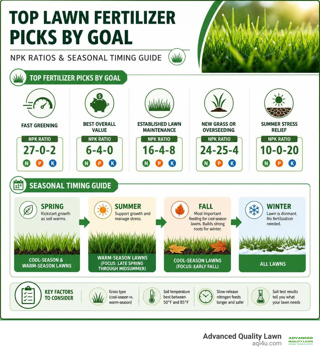Top lawn fertilizer picks by goal, NPK ratios, and seasonal timing guide infographic Top lawn fertilizer picks by goal, NPK ratios, and seasonal timing guide infographic