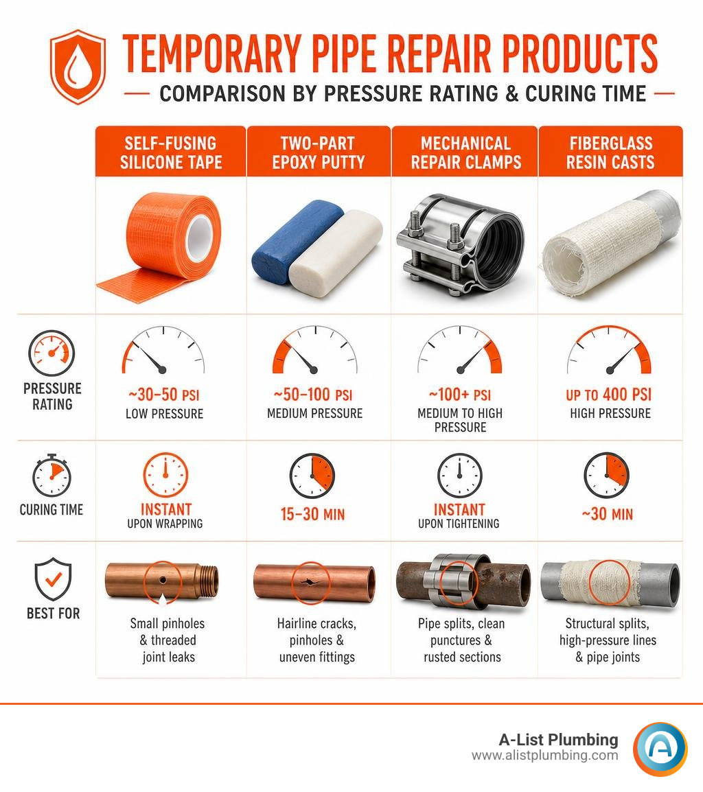 Comparison of temporary pipe repair products by pressure rating and curing time infographic Comparison of temporary pipe repair products by pressure rating and curing time infographic
