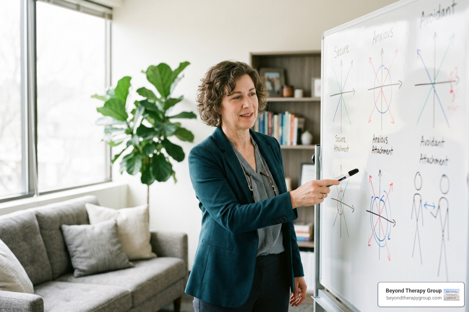a clinician explaining attachment dynamics on a board a clinician explaining attachment dynamics on a board