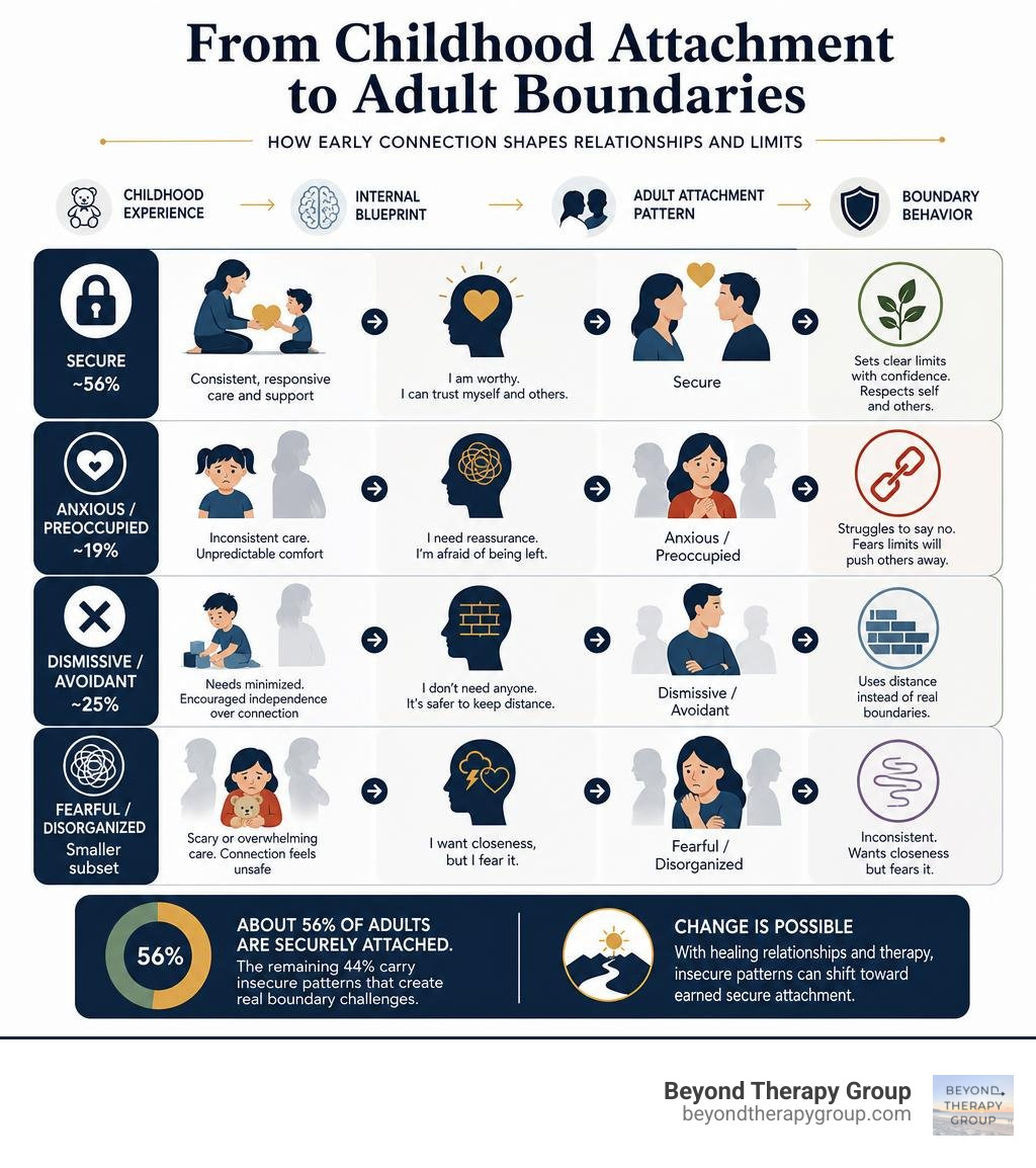 How childhood attachment style transitions into adult attachment patterns and boundary behavior infographic How childhood attachment style transitions into adult attachment patterns and boundary behavior infographic