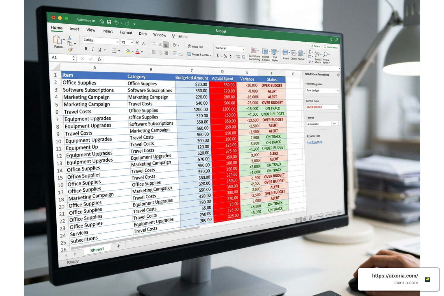 Conditional formatting overspending alerts in an Excel sheet