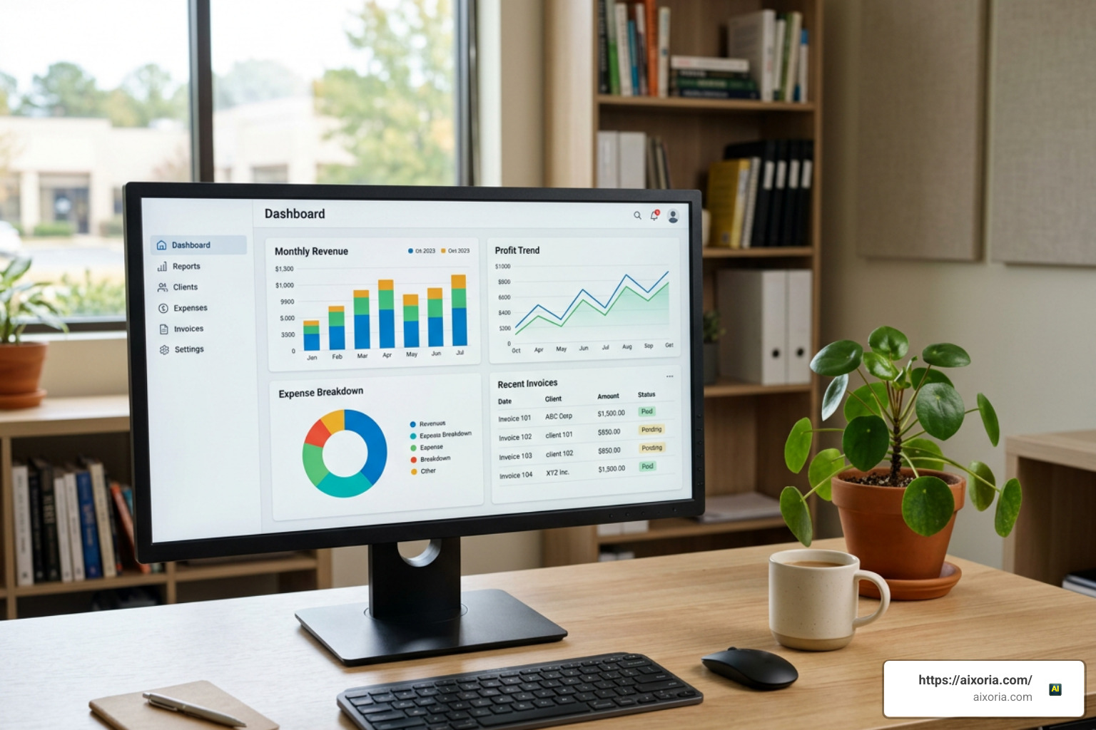 desktop accounting application dashboard displaying real-time financial reporting, invoicing, and profit tracking