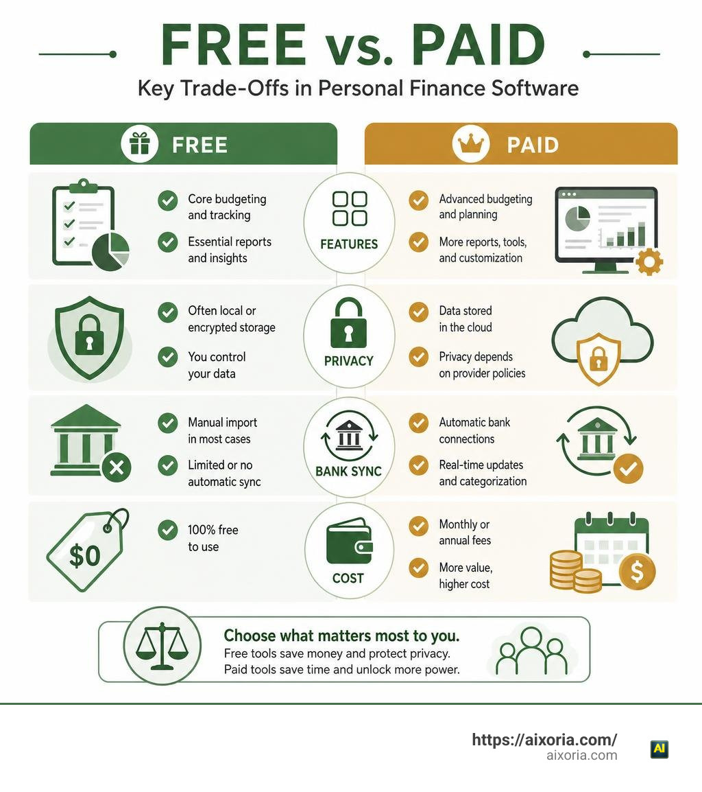 Key trade-offs between free and paid personal finance software: features, privacy, bank sync, and cost infographic