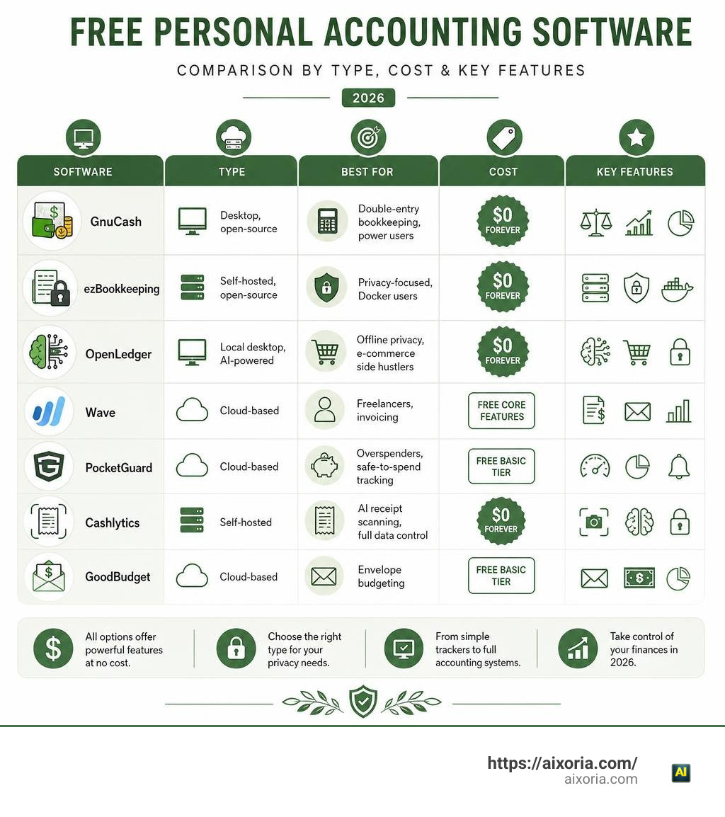 comparison infographic of free personal accounting software types costs and key features in 2026 infographic