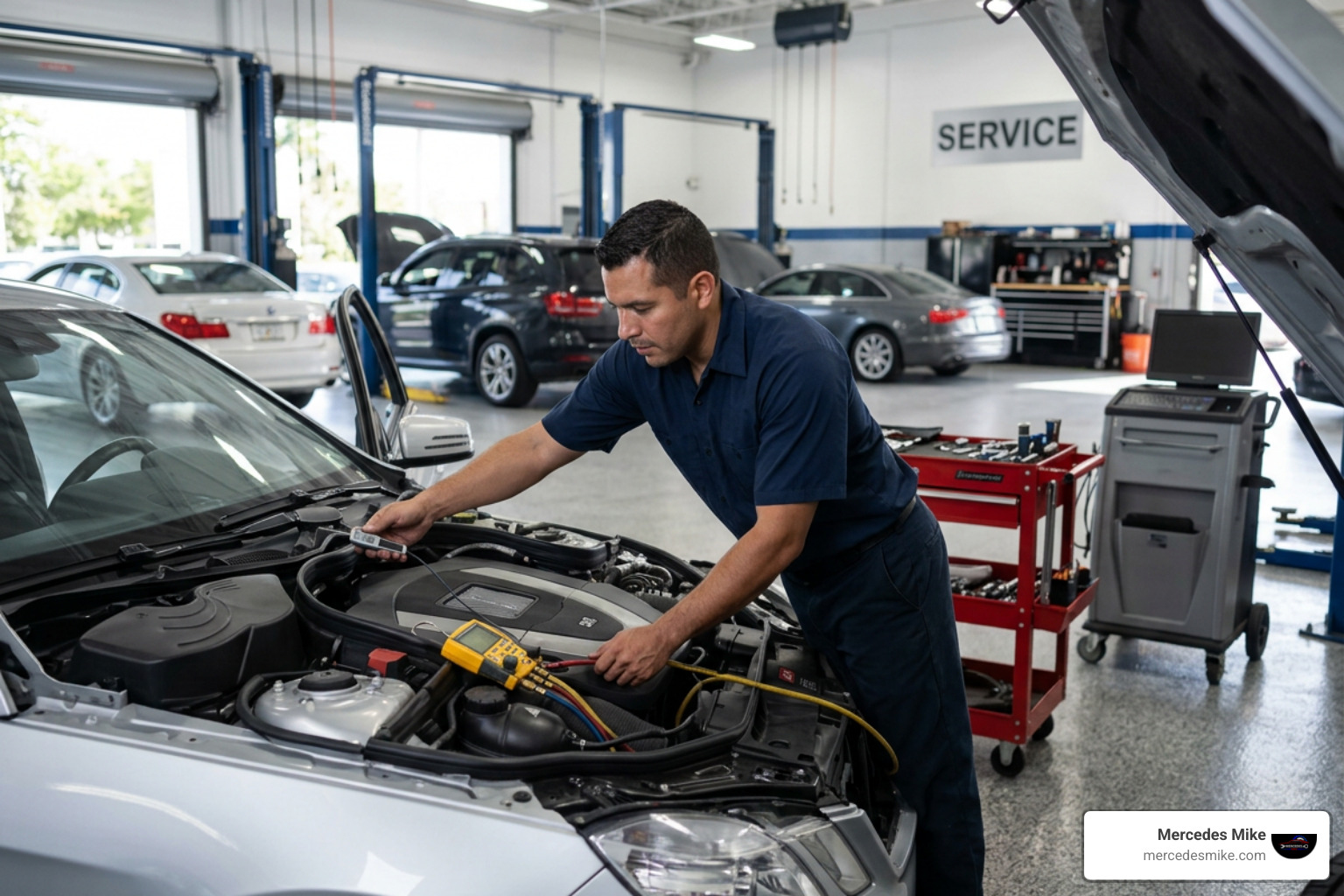 technician performing automotive AC maintenance on a German vehicle