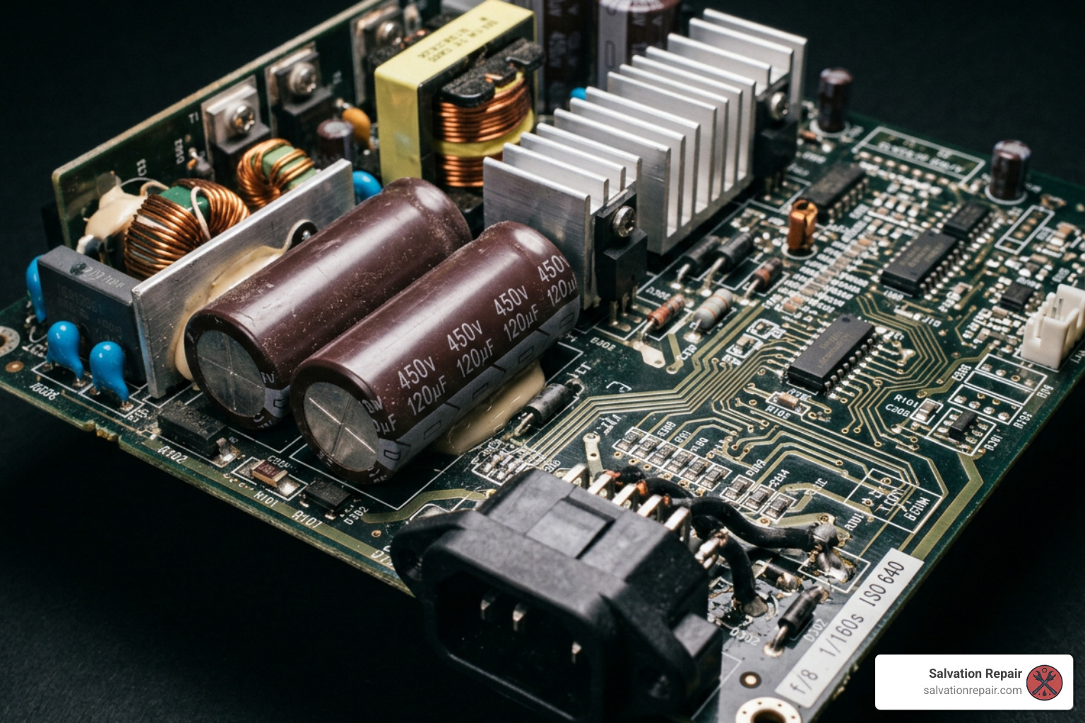 Internal view of PS5 ADP-400 power supply unit showing high-voltage capacitors and board connectors Internal view of PS5 ADP-400 power supply unit showing high-voltage capacitors and board connectors