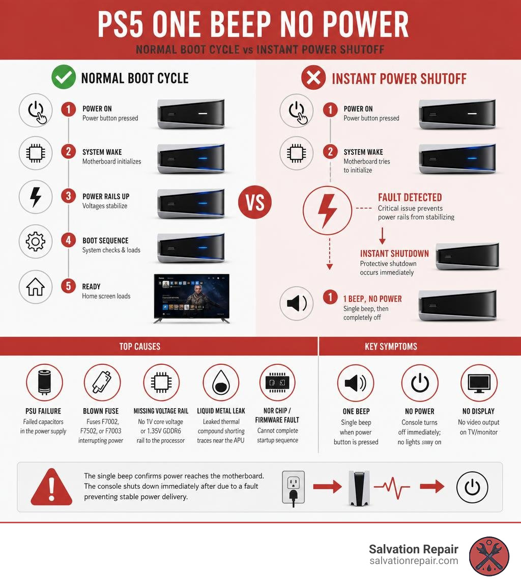 Infographic comparing PS5 normal boot cycle vs instant power shutoff causes and symptoms infographic Infographic comparing PS5 normal boot cycle vs instant power shutoff causes and symptoms infographic