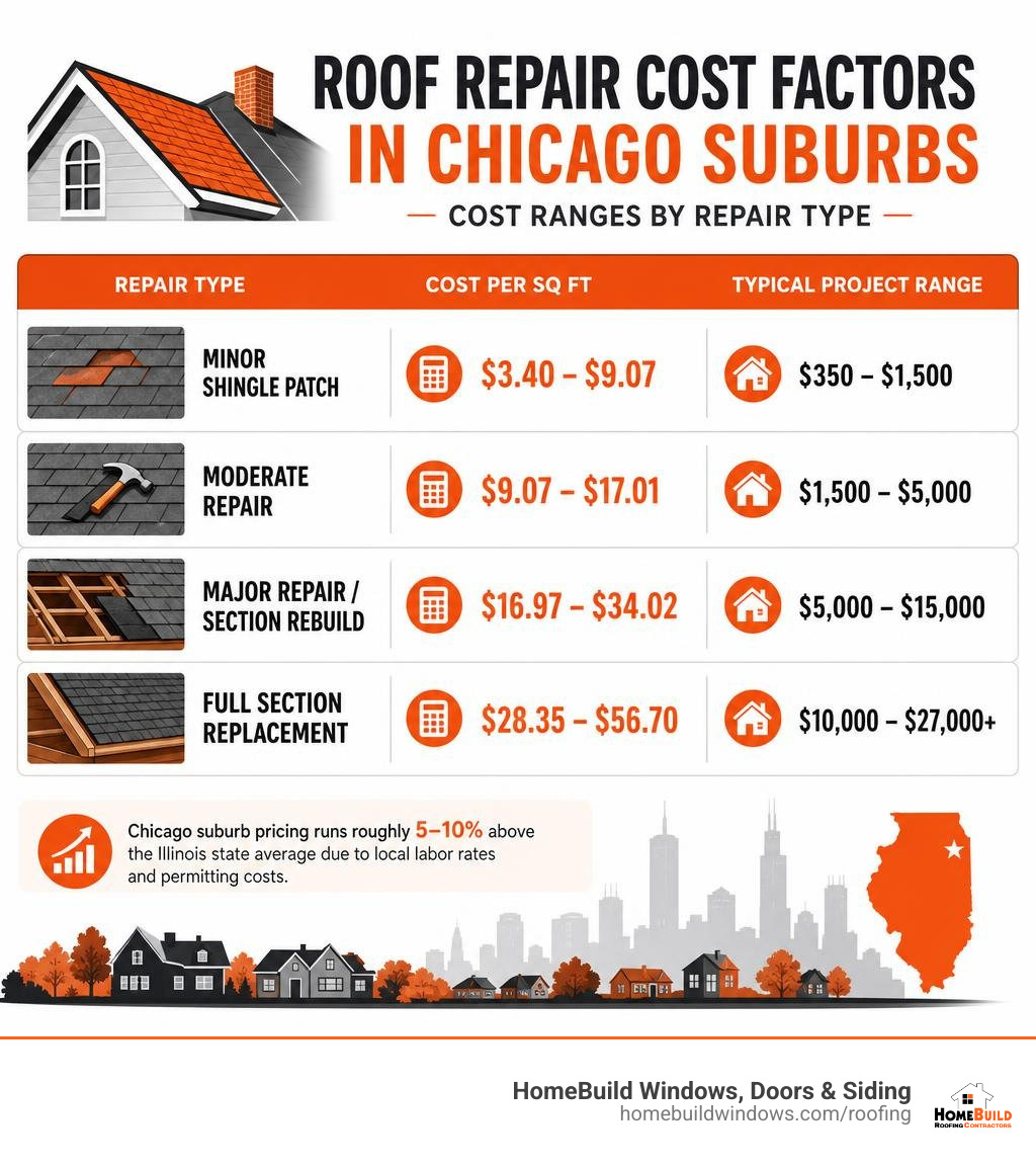 Roof repair cost factors in Chicago suburbs infographic with cost ranges by repair type infographic