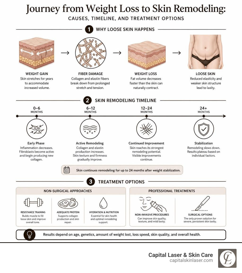 Journey from weight loss to skin remodeling: causes, timeline, and treatment options infographic Journey from weight loss to skin remodeling: causes, timeline, and treatment options infographic