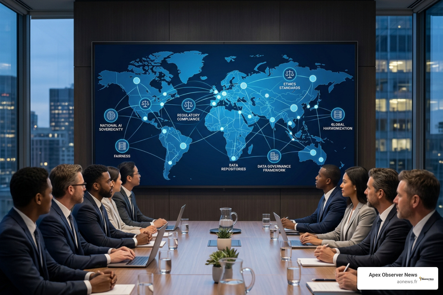 Global governance framework linking national AI sovereignty with enterprise ethics and regulatory compliance