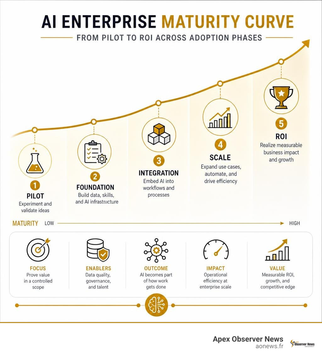 AI enterprise maturity curve from pilot to ROI across adoption phases infographic