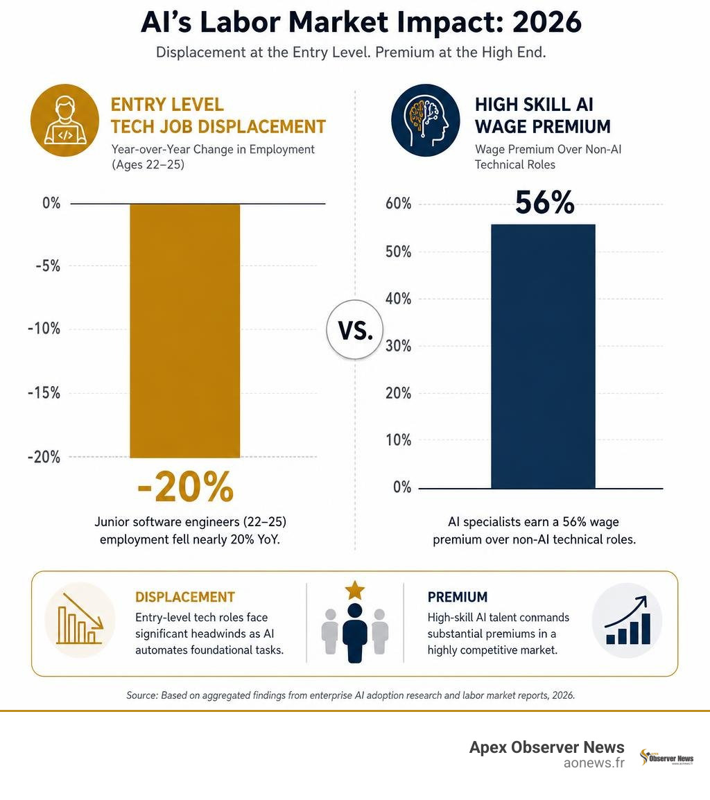 Bar chart comparing entry level tech job displacement against high skill AI wage premiums infographic