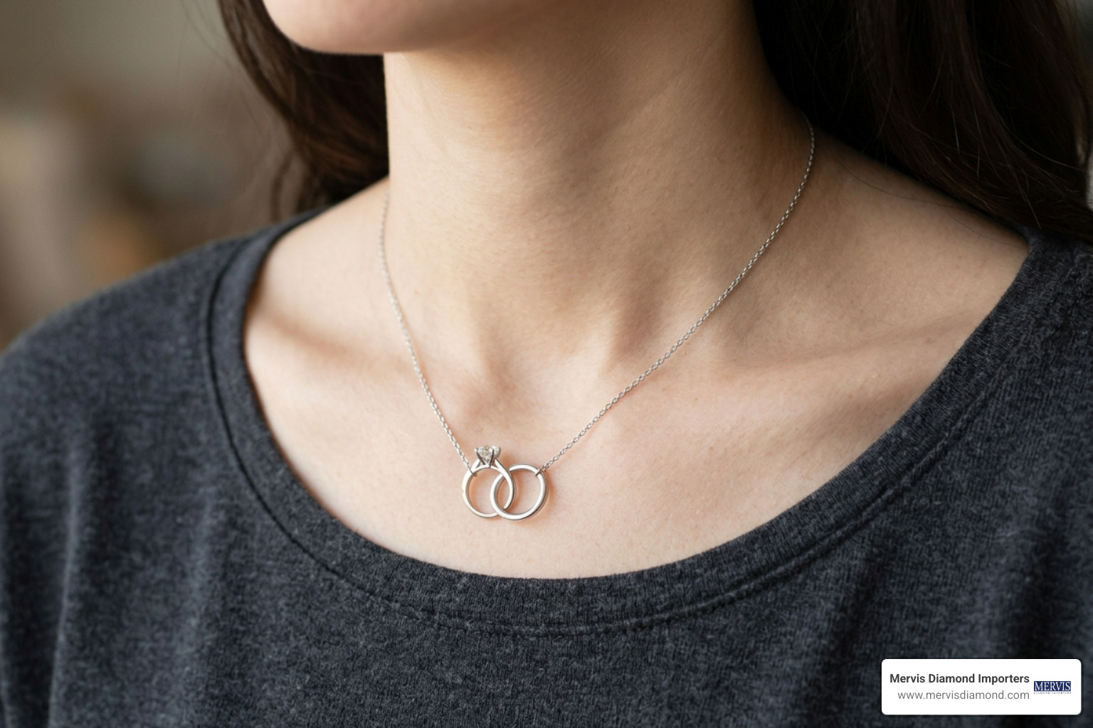 Bridal ring set worn on a sleek necklace chain