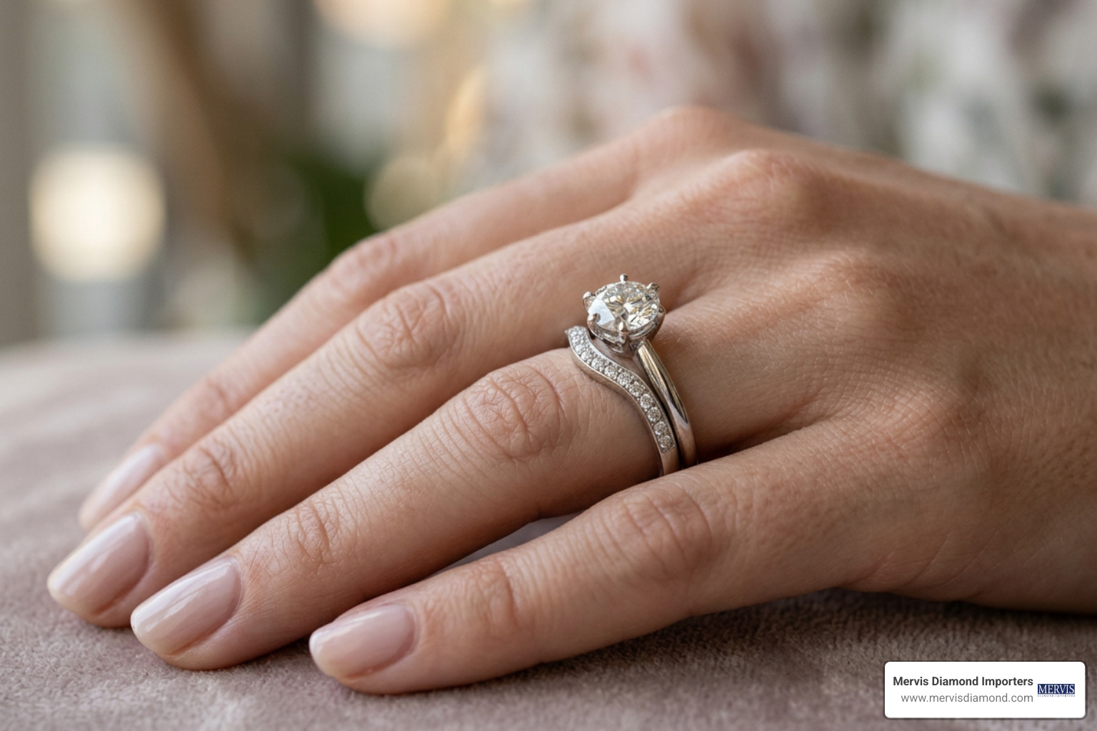 Curved contoured wedding band paired with a solitaire diamond ring
