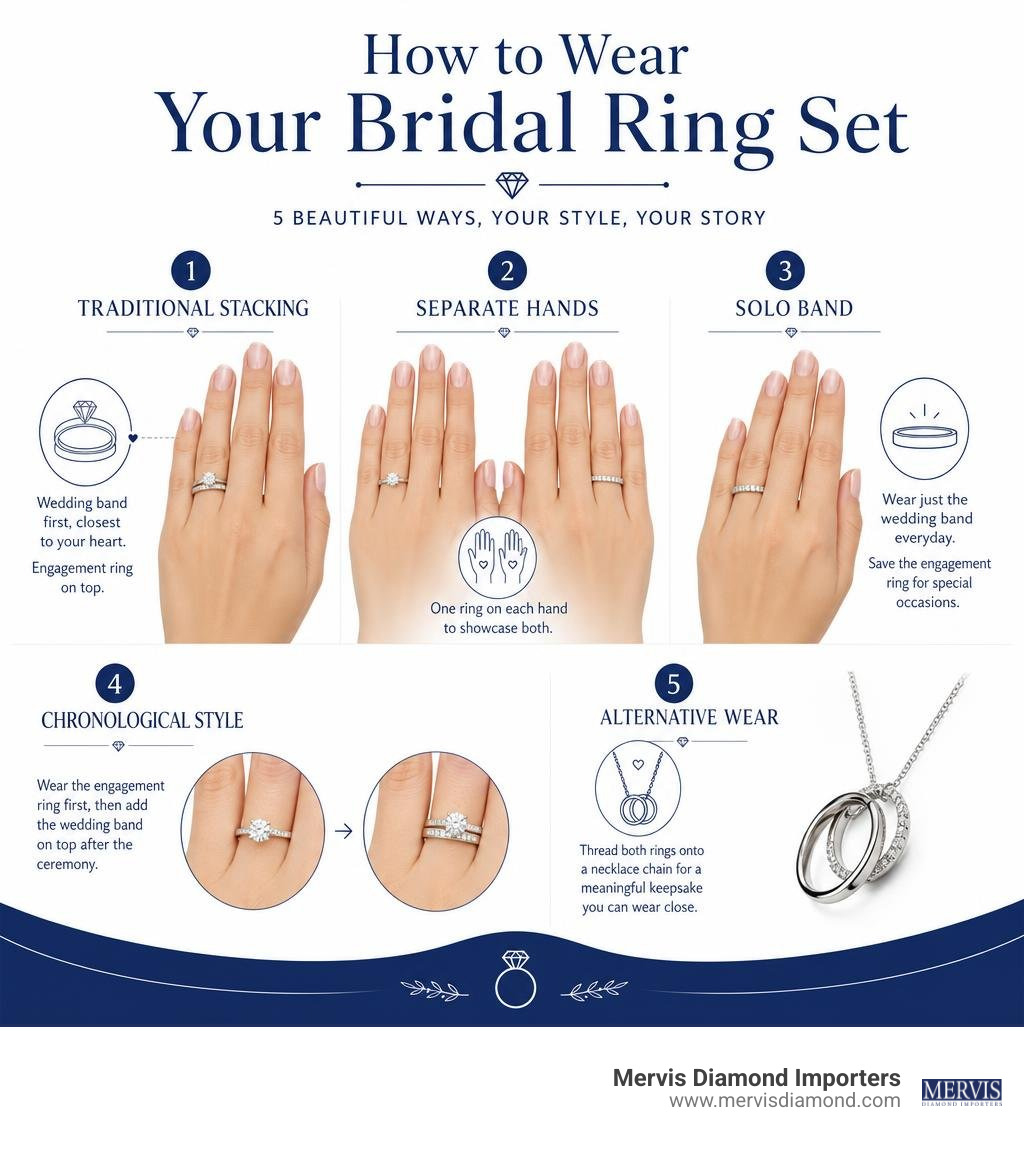 Bridal ring set wearing styles: traditional stacking, separate hands, solo band, and necklace options infographic