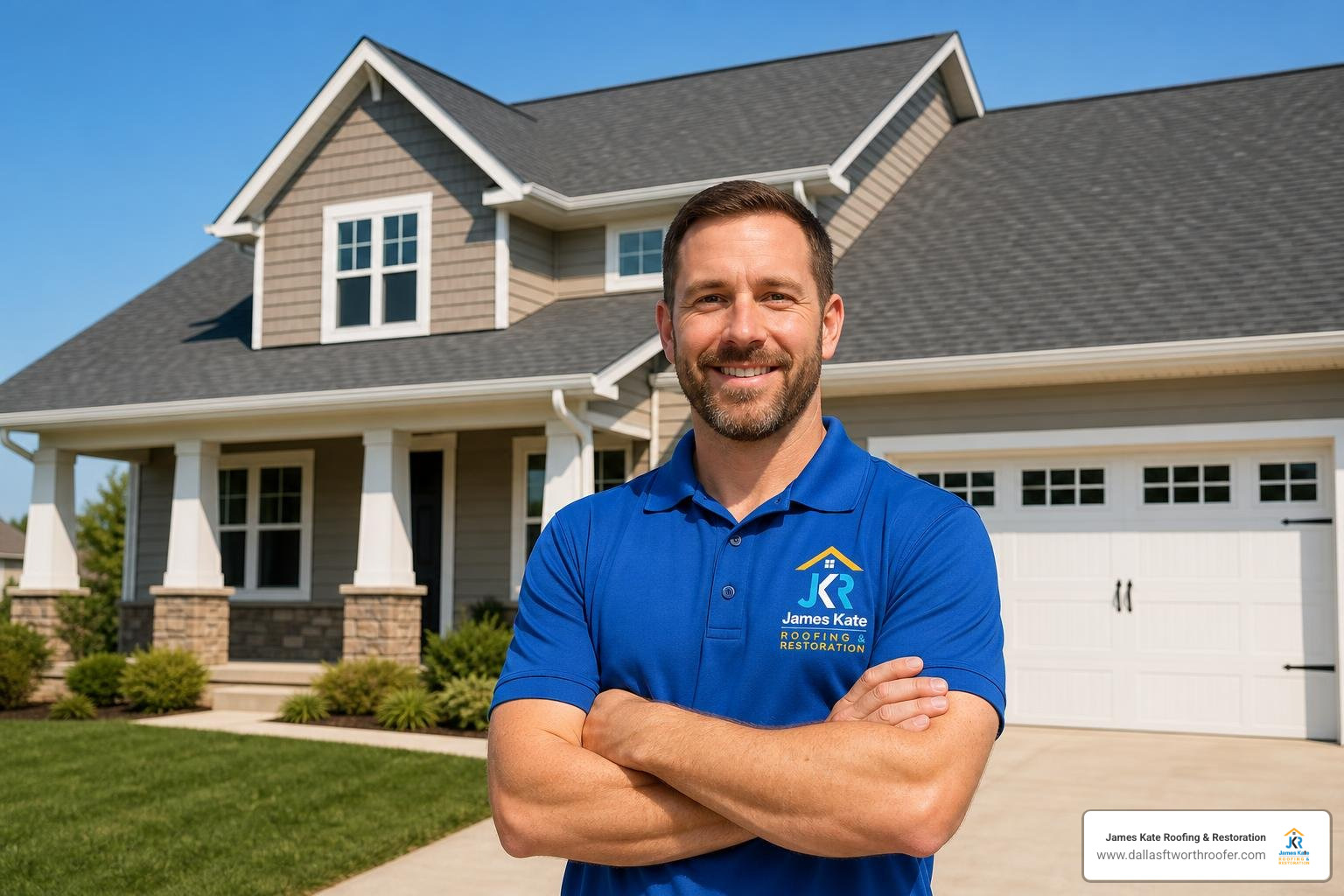 a technician wearing a royal blue shirt that says James Kate standing in front of a restored property a technician wearing a royal blue shirt that says James Kate standing in front of a restored property