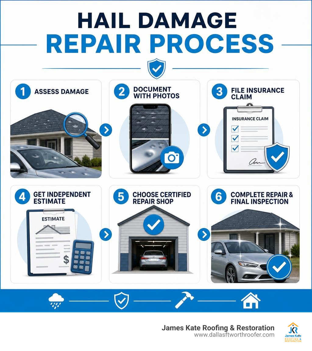 hail damage repair process infographic: assess damage, document with photos, file insurance claim, get independent estimate hail damage repair process infographic: assess damage, document with photos, file insurance claim, get independent estimate