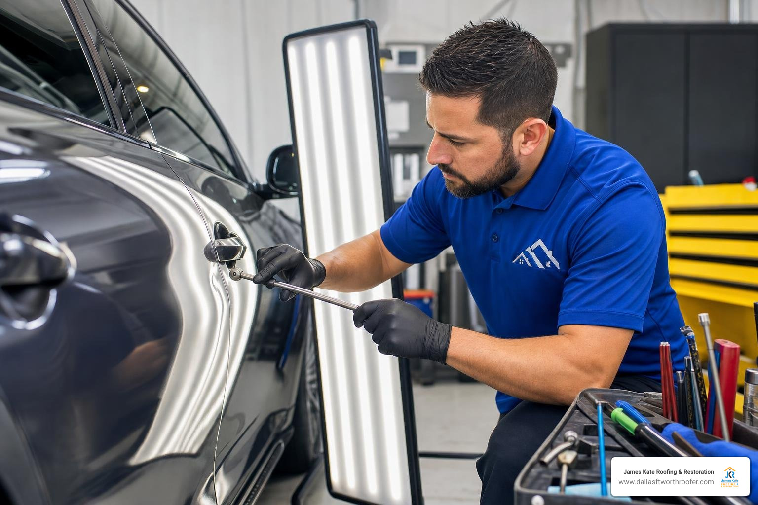 a technician wearing a royal blue shirt that says James Kate performing paintless dent repair under LED light a technician wearing a royal blue shirt that says James Kate performing paintless dent repair under LED light