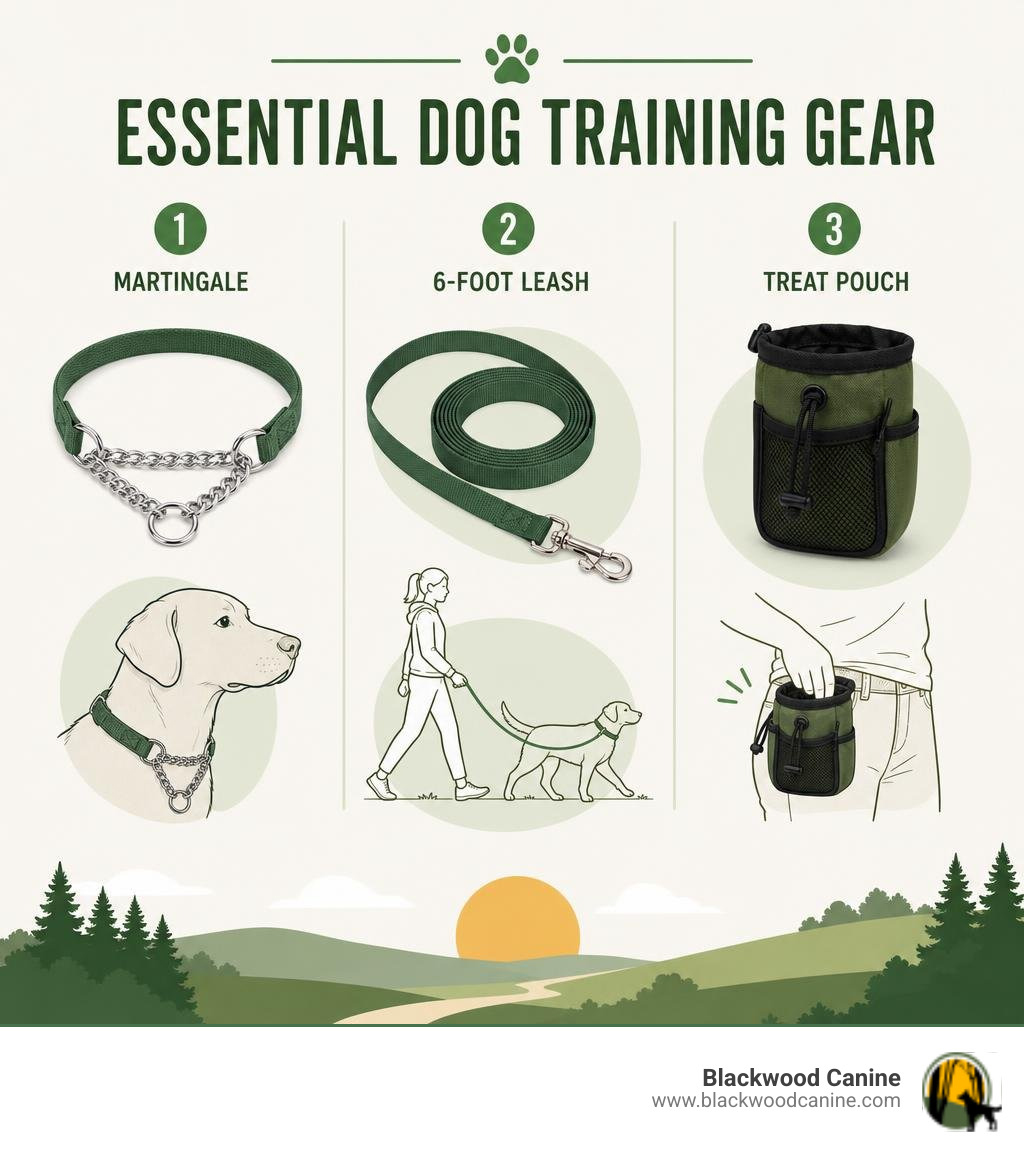 diagram of essential dog training gear showing flat collar six foot leash and treat pouch diagram of essential dog training gear showing flat collar six foot leash and treat pouch