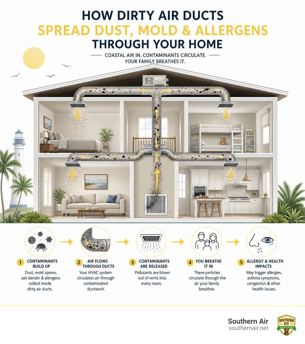 infographic showing how dirty air ducts spread dust, mold, and allergens through a coastal Florida home infographic infographic showing how dirty air ducts spread dust, mold, and allergens through a coastal Florida home infographic