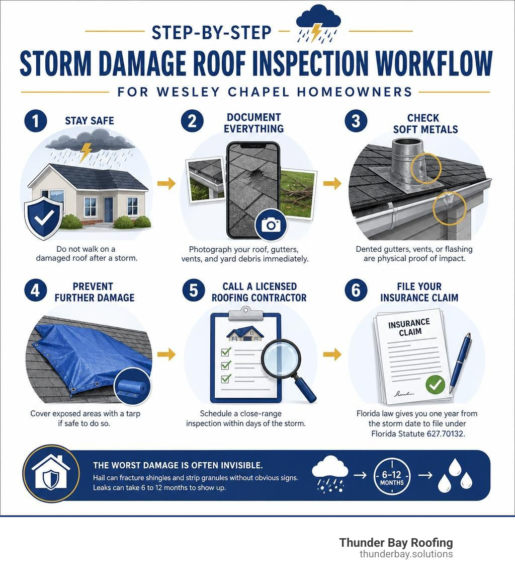 Step-by-step storm damage roof inspection workflow for Wesley Chapel homeowners infographic Step-by-step storm damage roof inspection workflow for Wesley Chapel homeowners infographic