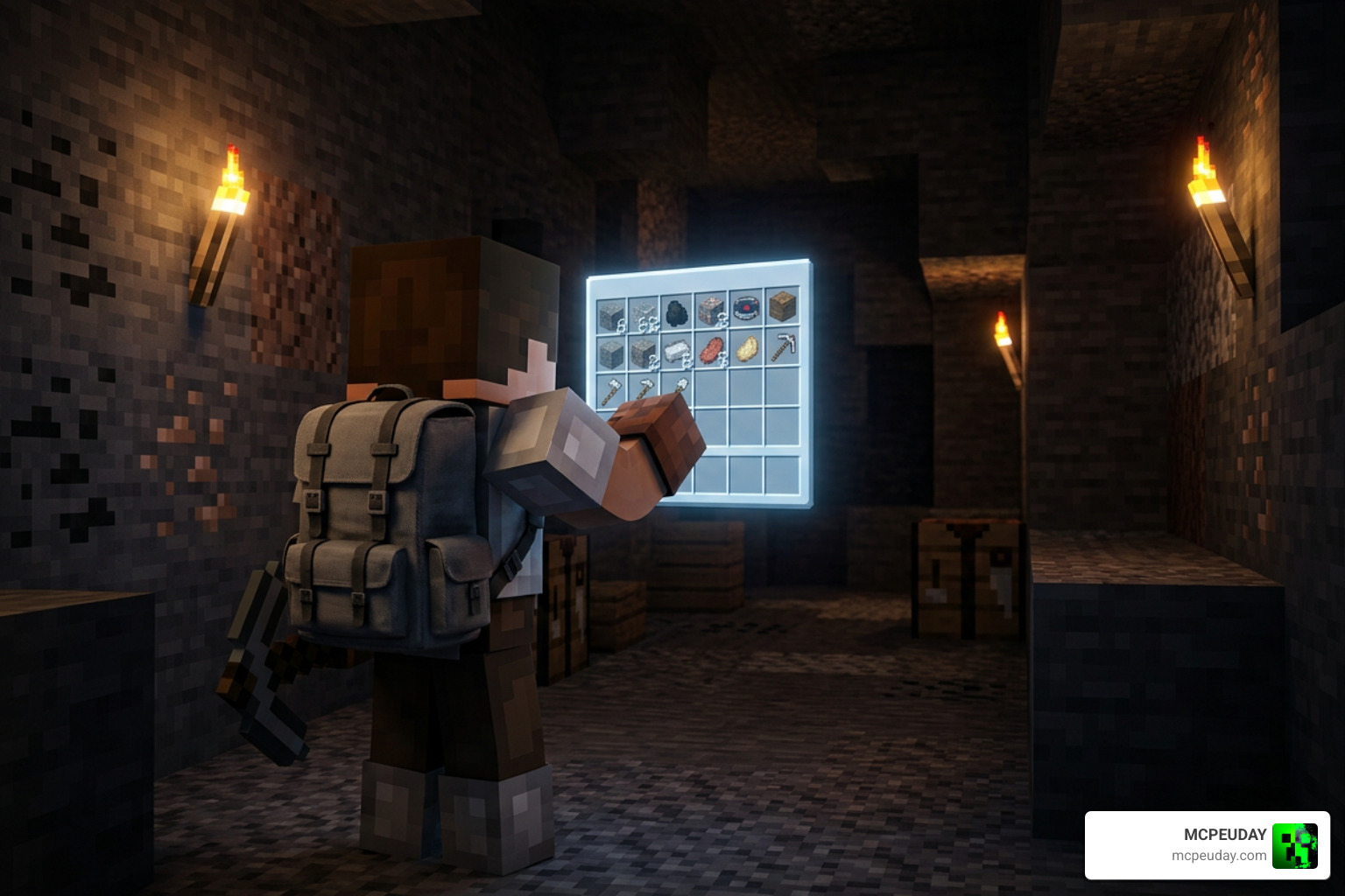 Minecraft player opening a 3D backpack inventory interface inside a dark cave