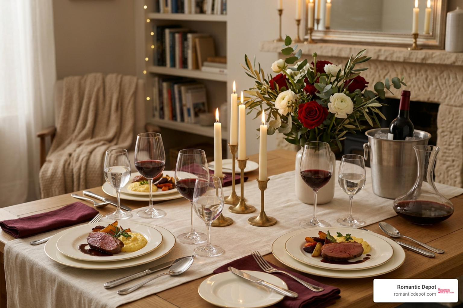 elegant table setting with candles and gourmet dinner