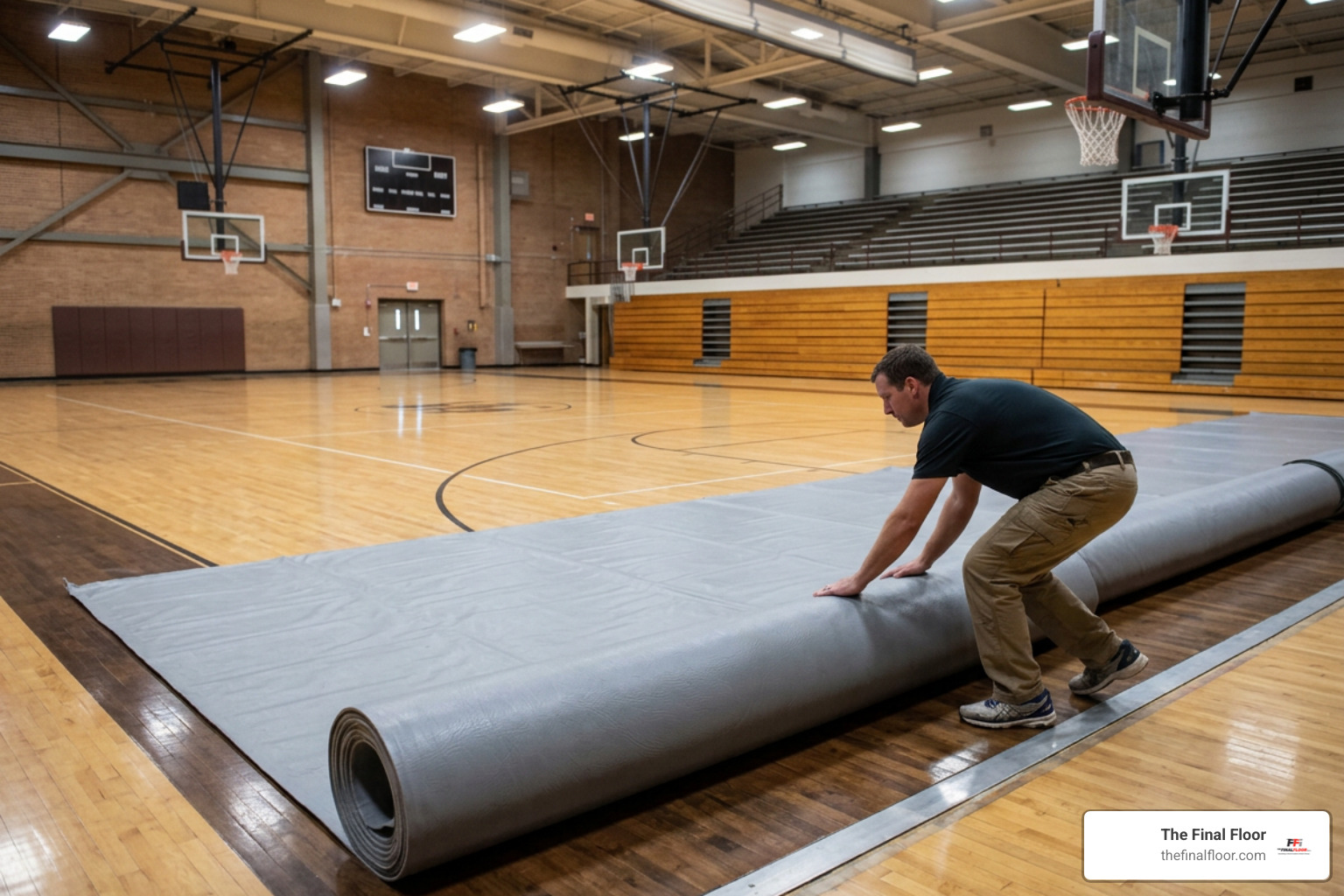 Heavy duty vinyl gym floor protective cover deployed over commercial basketball court Heavy duty vinyl gym floor protective cover deployed over commercial basketball court