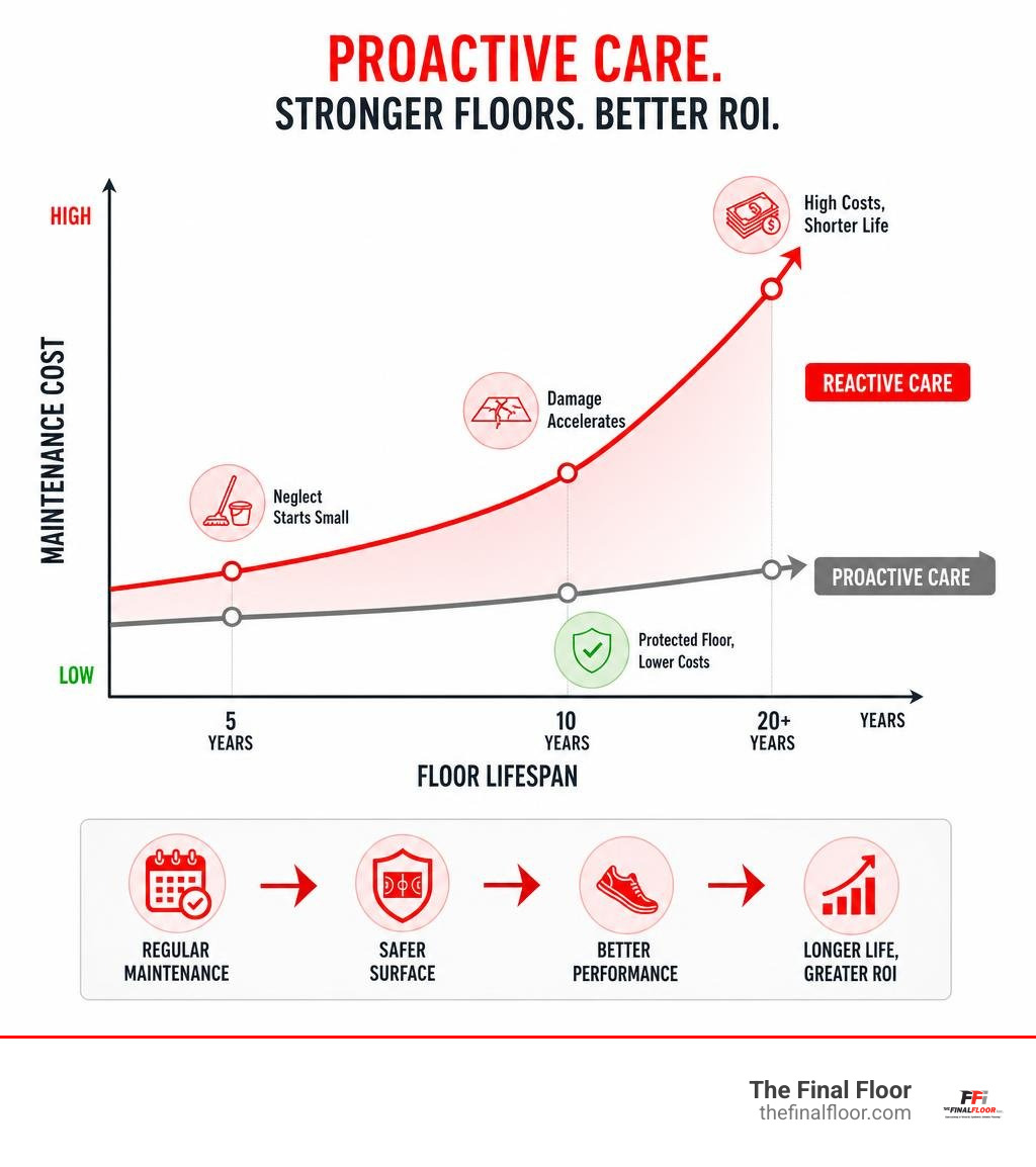 Graph showing maintenance cost versus floor lifespan illustrating ROI of proactive care infographic Graph showing maintenance cost versus floor lifespan illustrating ROI of proactive care infographic