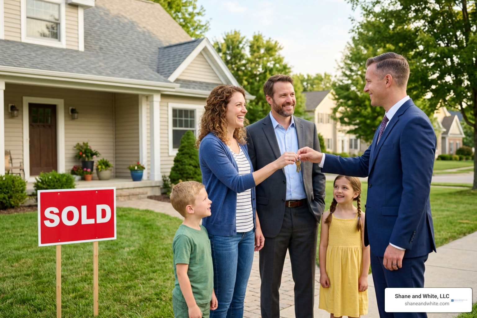 Family receiving keys to their residence after a successfully resolved legal matter