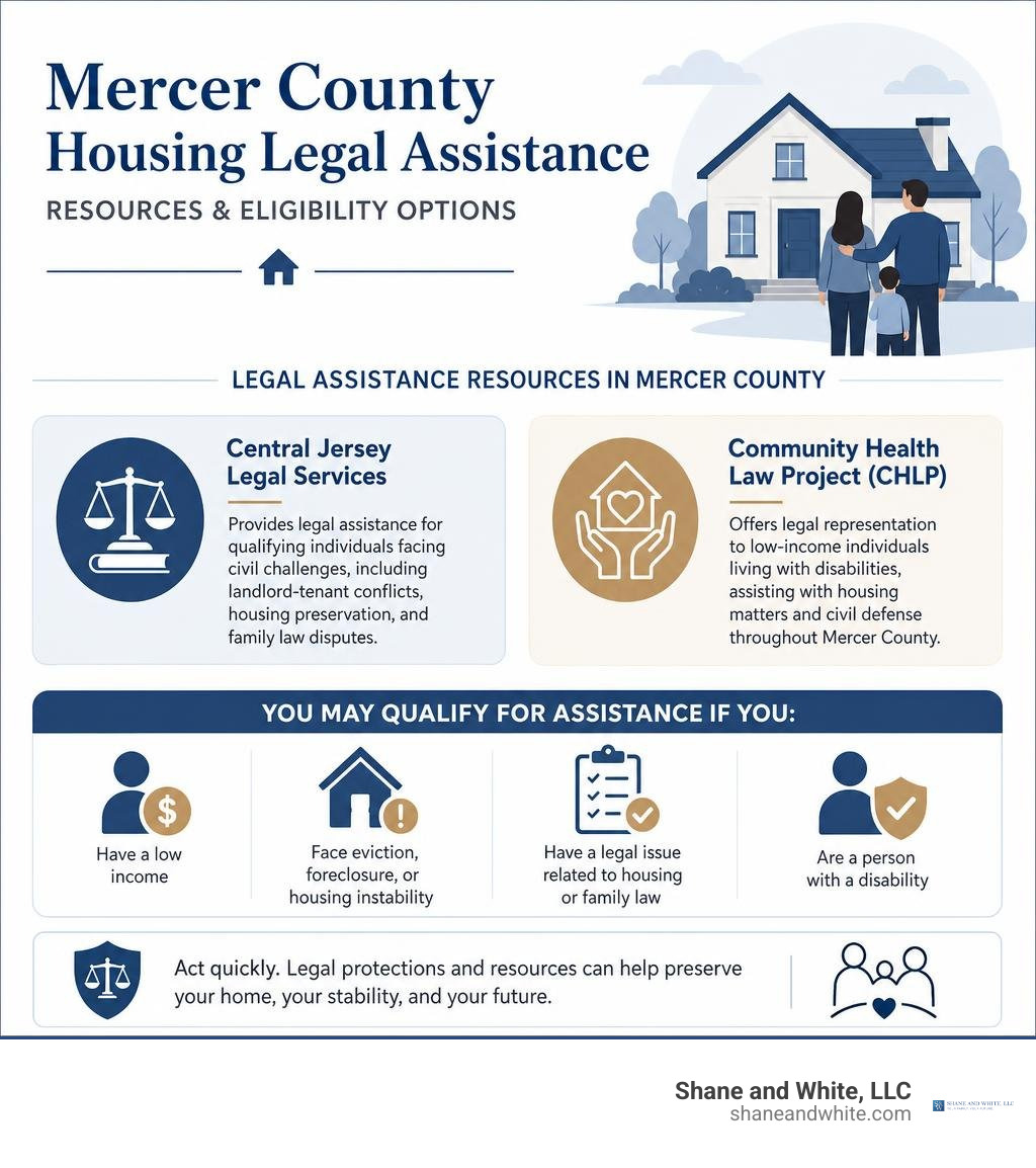 Mercer County housing legal assistance resources and eligibility options infographic