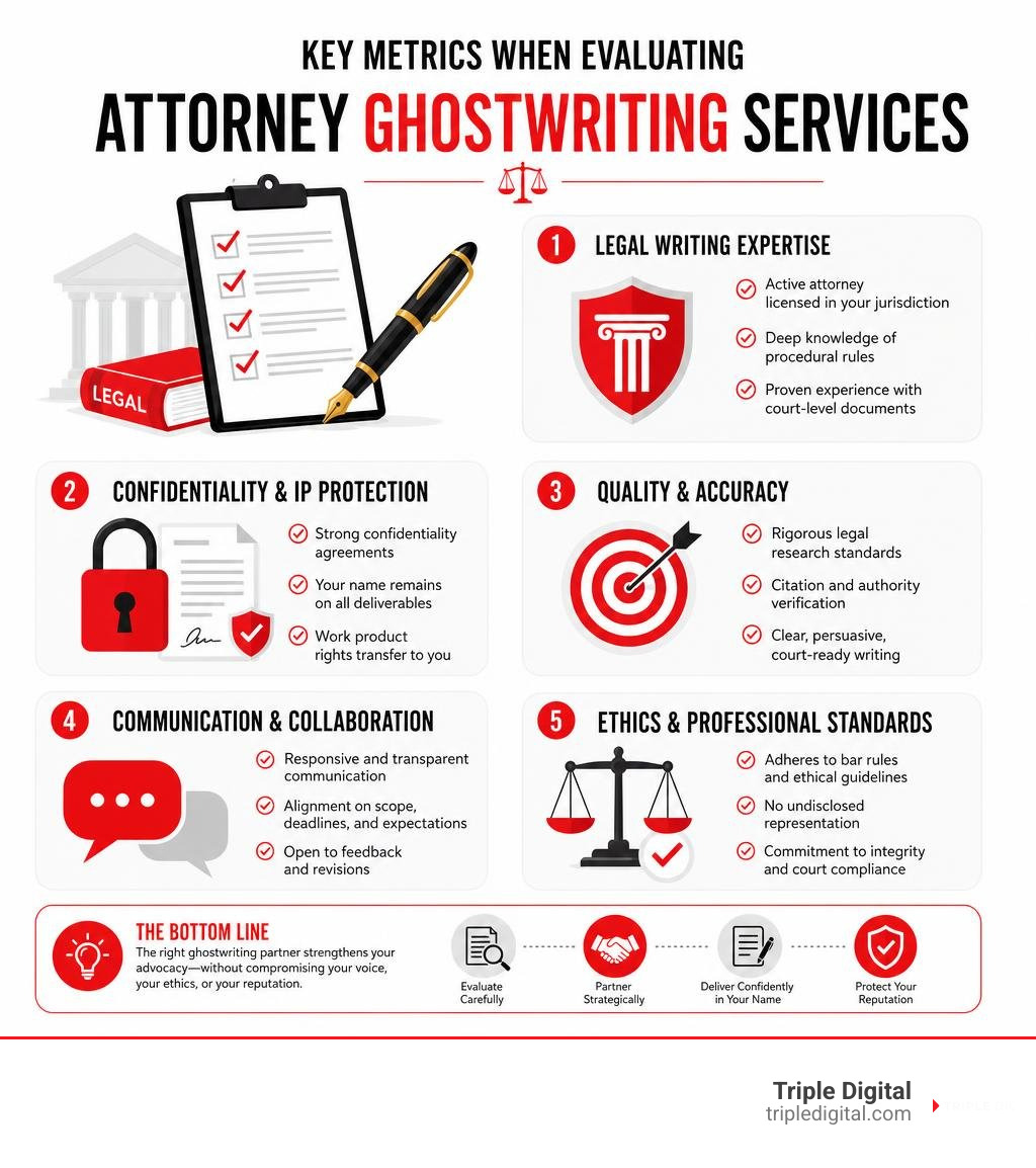 Infographic on key metrics when evaluating attorney ghostwriting services infographic Infographic on key metrics when evaluating attorney ghostwriting services infographic