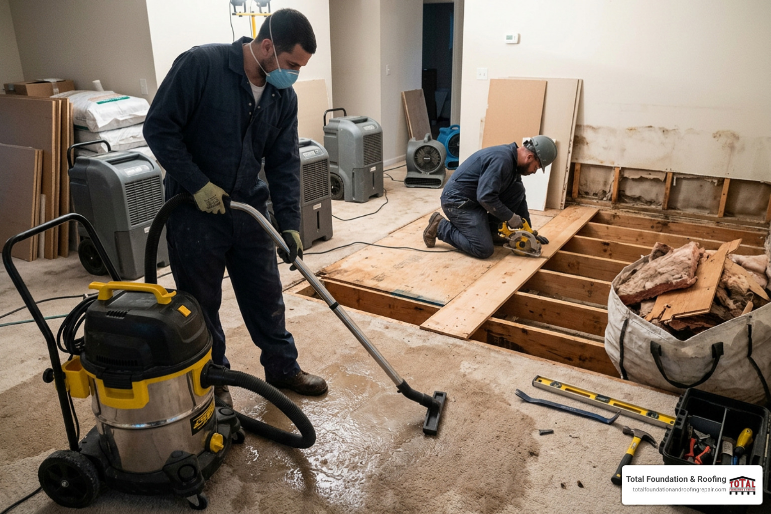 professional restoration team performing water extraction and structural decking repair professional restoration team performing water extraction and structural decking repair