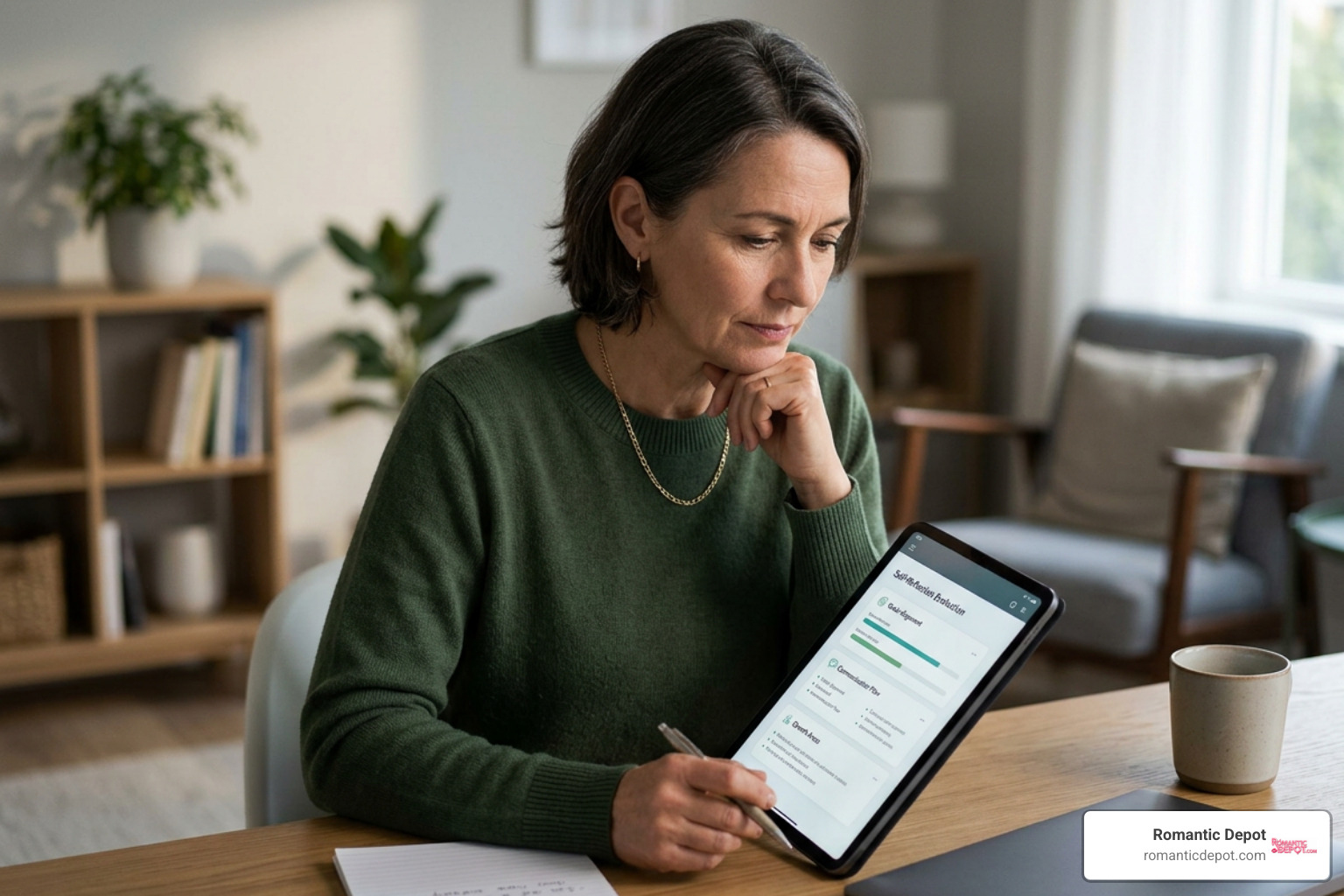 Thoughtful partner reflecting on relationship evaluation results on a digital screen Thoughtful partner reflecting on relationship evaluation results on a digital screen