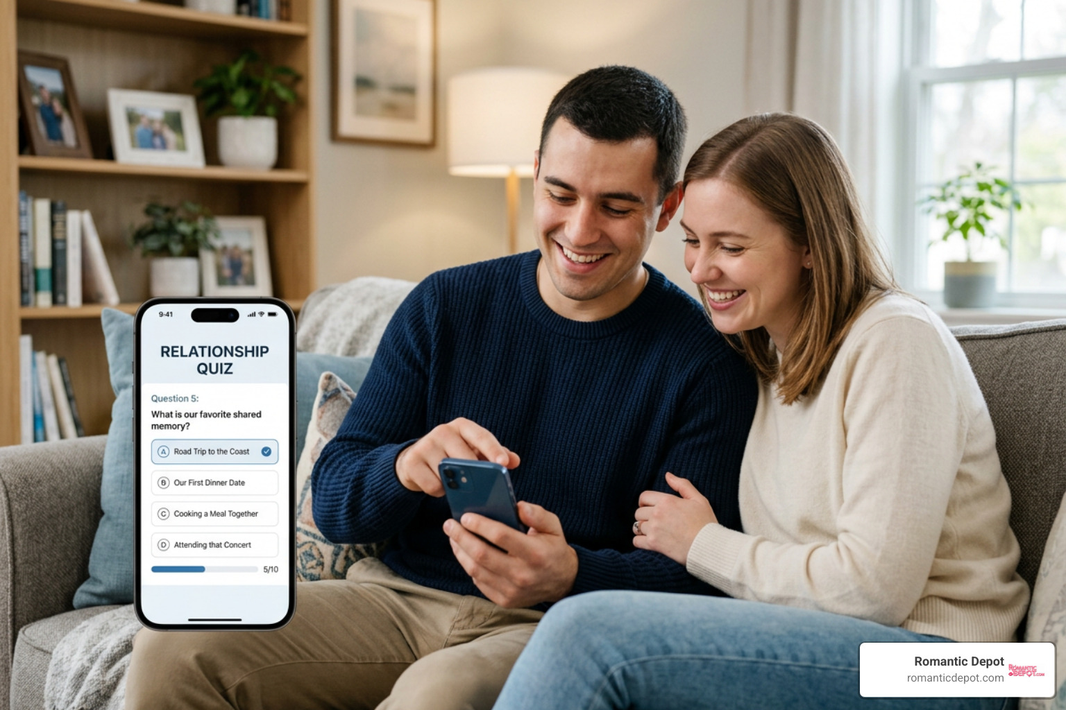 Couple having an open conversation on the couch over coffee after taking a relationship quiz Couple having an open conversation on the couch over coffee after taking a relationship quiz