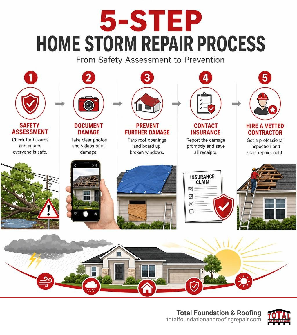 5-step home storm repair process from safety assessment to contractor selection and prevention infographic 5-step home storm repair process from safety assessment to contractor selection and prevention infographic