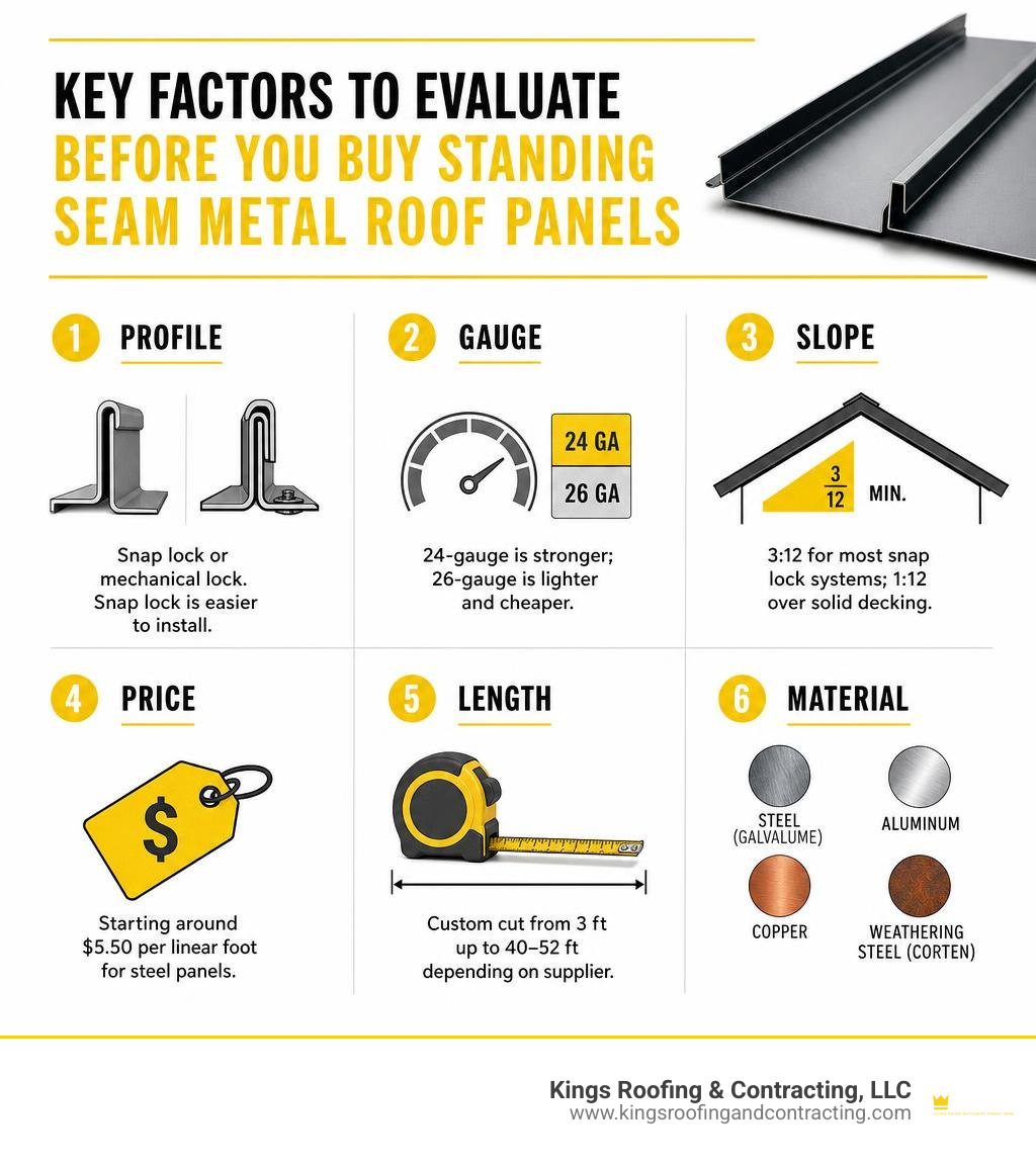 Key factors to evaluate before buying standing seam metal roof panels: profile, gauge, slope, price, length, material