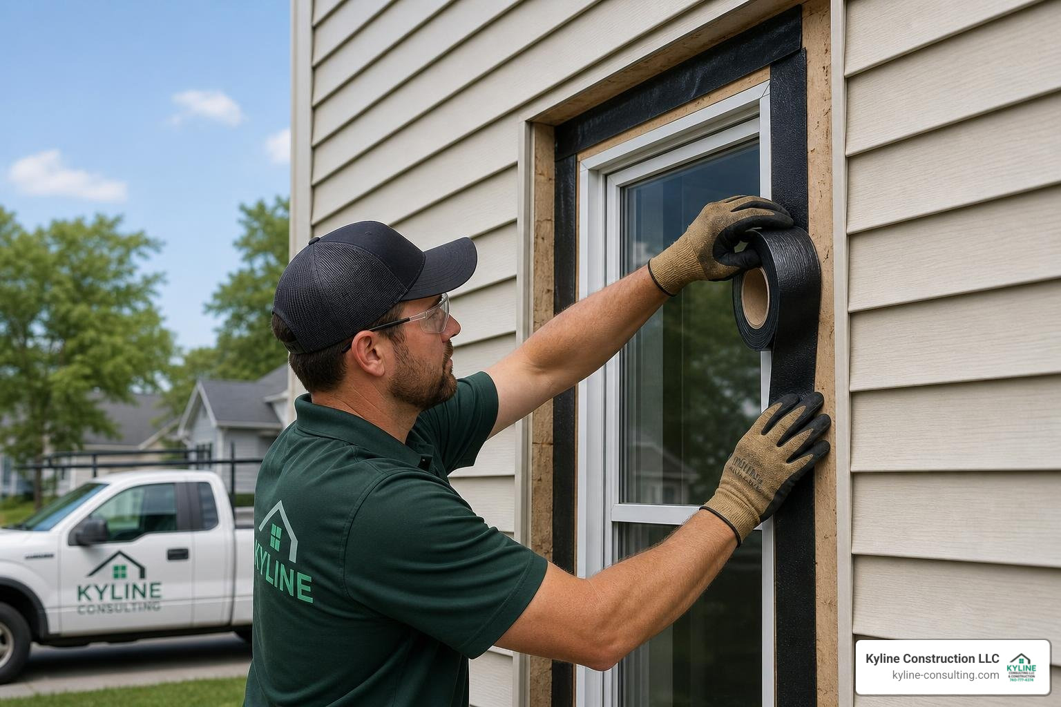 A contractor weatherproofing a rough window opening with self-adhering flashing tape