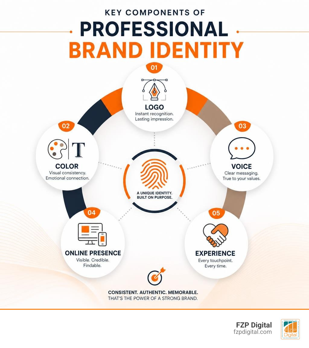 Key components of professional brand identity: logo, color, voice, online presence, and experience infographic Key components of professional brand identity: logo, color, voice, online presence, and experience infographic