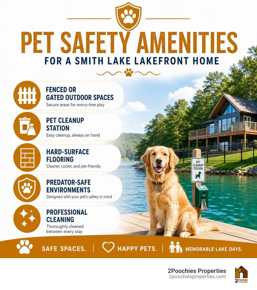 Infographic showing essential pet safety amenities for a Smith Lake lakefront vacation rental home infographic