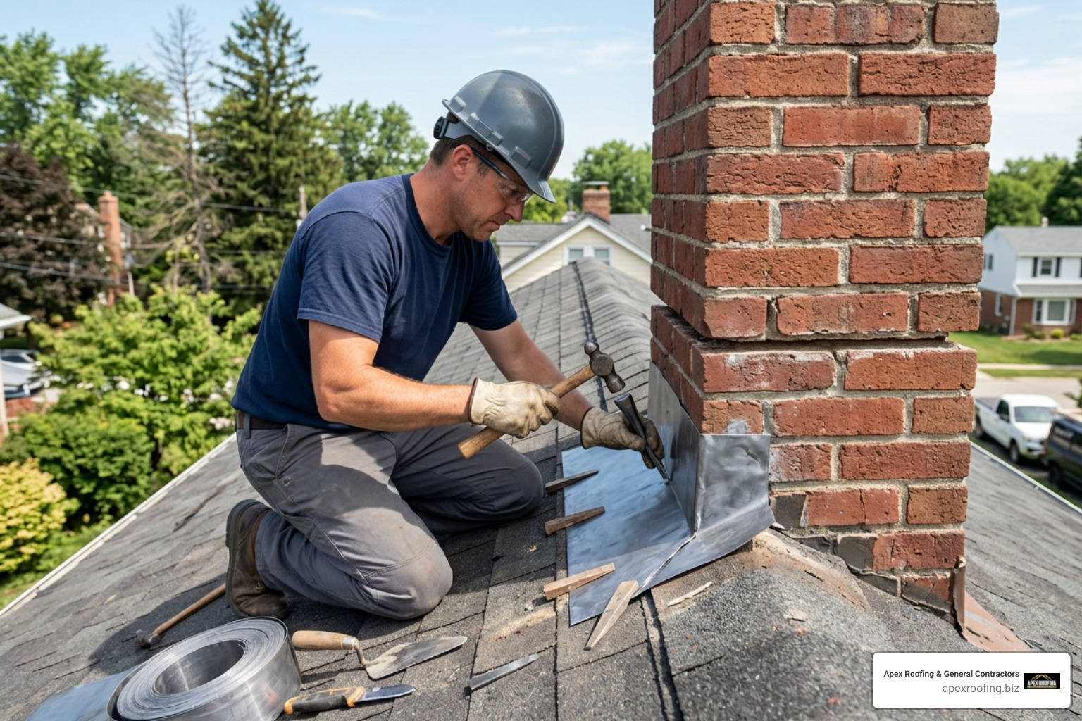Professional contractor dressing and installing lead flashing into a brick mortar chase