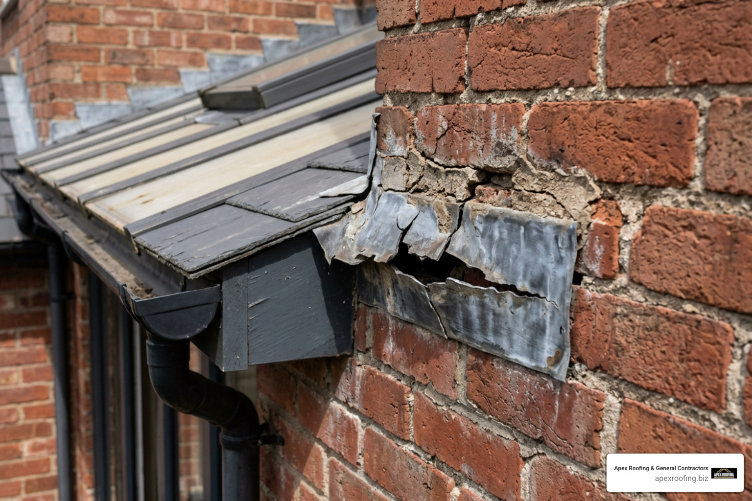 compromised mortar joint and cracked lead flashing on a conservatory roof