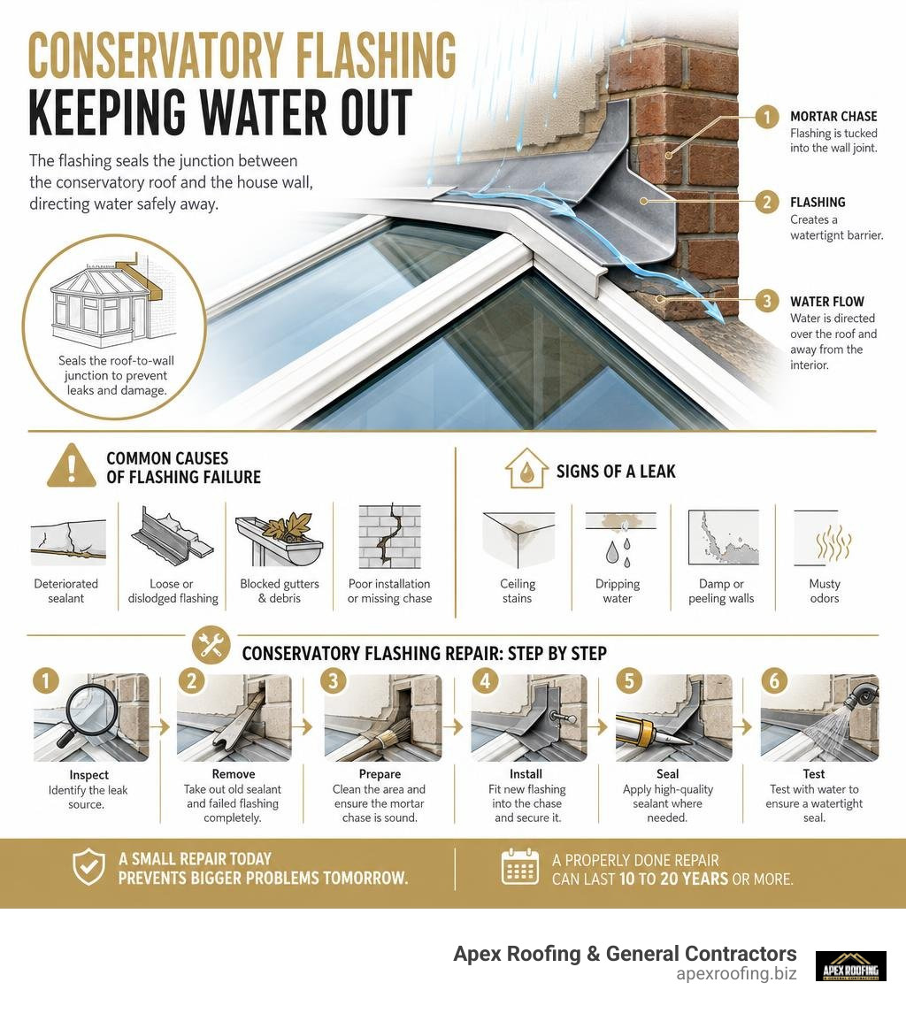 Infographic showing how conservatory flashing seals the junction between roof and house wall, with causes and repair steps